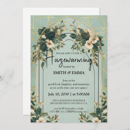 Elegant Botanical Housewarming Invitation Card 招待状 (正面/裏面)