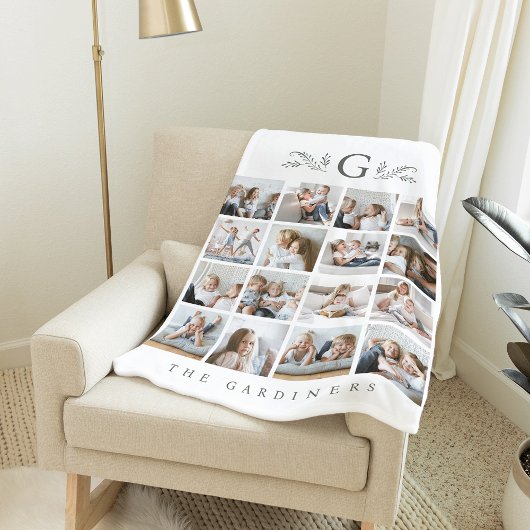 Elegant Botanical Monogram 16 Photo Collage フリースブランケット