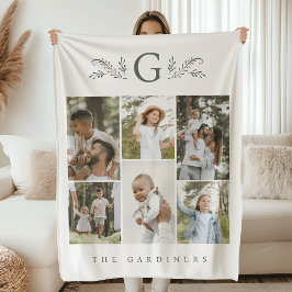 Elegant Botanical Monogram 6 Photo Collage フリースブランケット