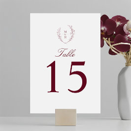 Elegant Botanical Monogram Burgundy Wedding テーブルナンバー