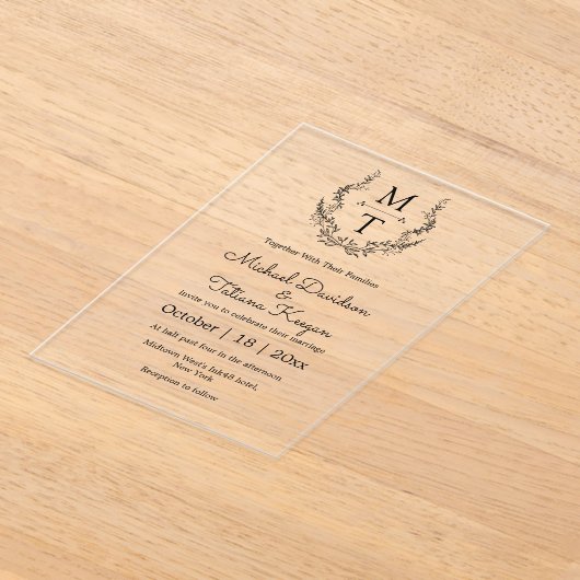 elegant botanical monogram initials wedding アクリル招待状 (レイダウン)