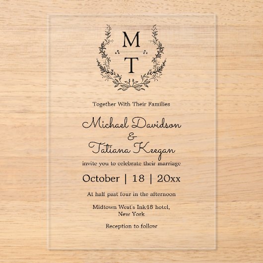 elegant botanical monogram initials wedding アクリル招待状 (正面)