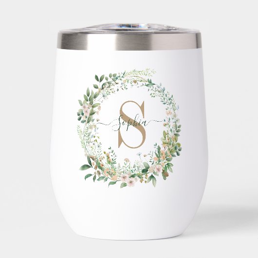 Elegant Botanical Monogram Wine Tumbler with Name (正面)