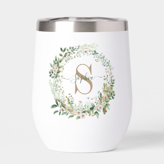Elegant Botanical Monogram Wine Tumbler with Name (背面)