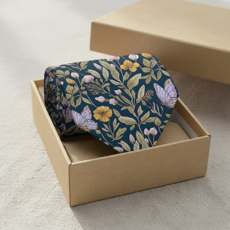 Elegant Botanical Pattern with Butterflies on Dark ネクタイ