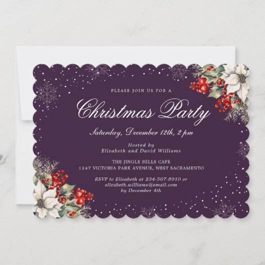 Elegant Botanical Purple Christmas Holiday Party 招待状 (正面)