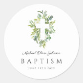 Elegant Botanical Religious Cross Baptism  ラウンドシール (正面)