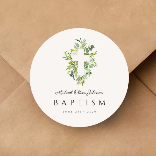 Elegant Botanical Religious Cross Baptism  ラウンドシール