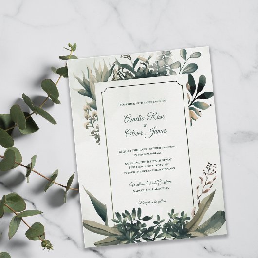 Elegant Botanical Sage Green Greenery Wedding インビテーションポストカード