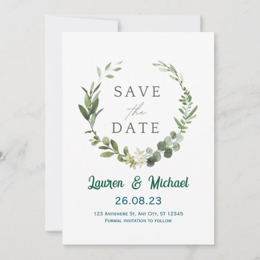 Elegant Botanical Save the Date Modern Greenery 招待状 (正面)