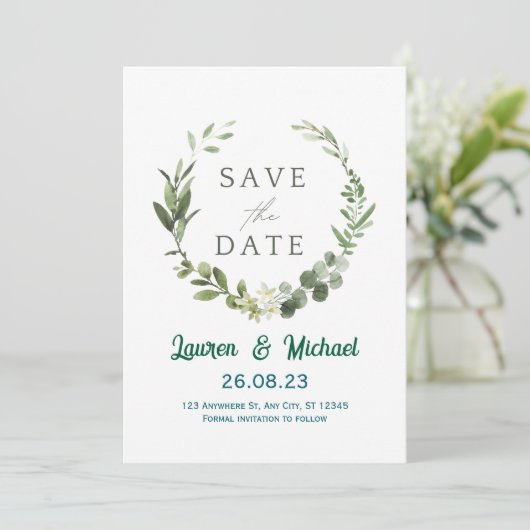 Elegant Botanical Save the Date Modern Greenery  招待状 (スタンド正面)
