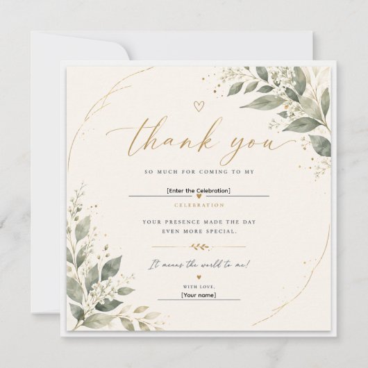 Elegant Botanical Thank You Card Sage Green & Gold (正面)