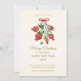 Elegant Botanical Watercolor Pomegranates Red Bow シーズンカード