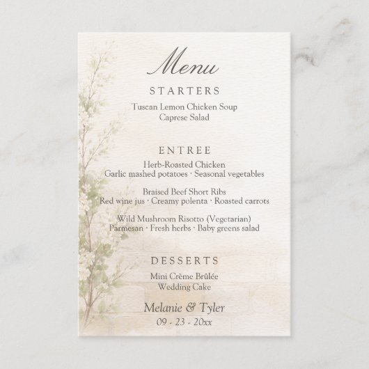 Elegant Botanical Wedding Menu Card エンクロージャーカード (正面)