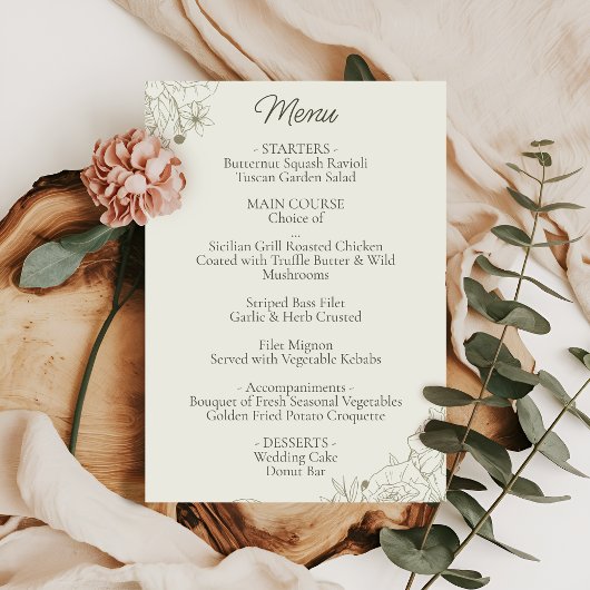 Elegant Botanical Wedding Reception Menu Card