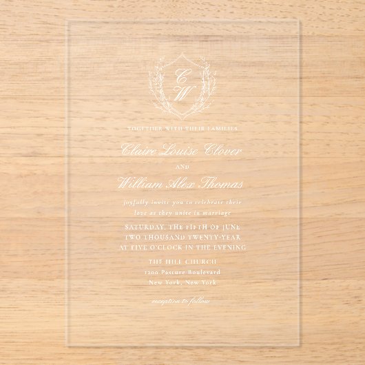 Elegant Botanical Wreath Monogram Wedding アクリル招待状 (正面)