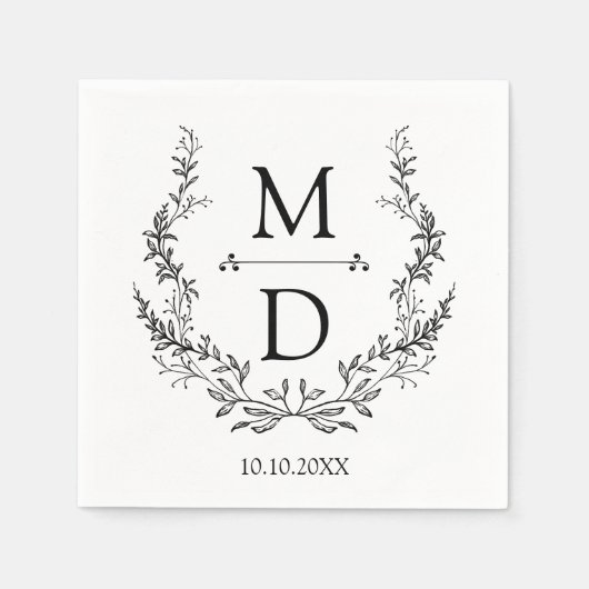 Elegant Botanical Wreath Monogram Wedding  スタンダードカクテルナプキン (正面)