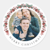 Elegant Botanical Wreath Photo Christmas ラウンドシール (正面)
