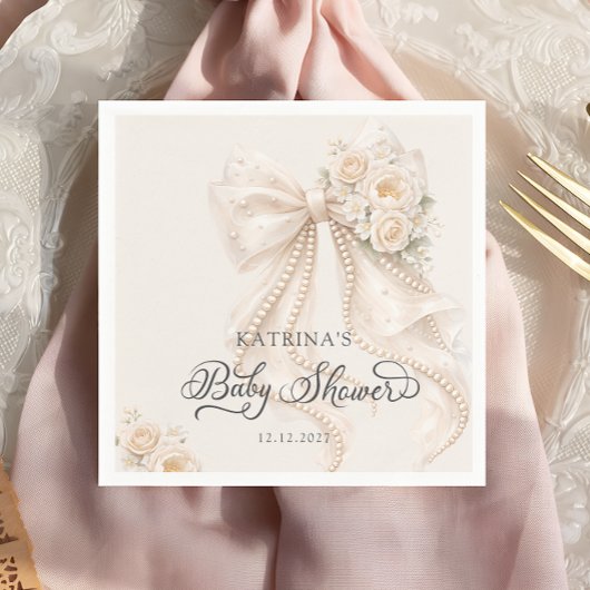 Elegant Bow and Flowers Girl Baby Shower スタンダードカクテルナプキン