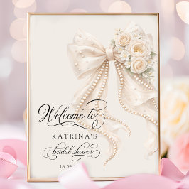 Elegant Bow and Pearl Bridal Shower Welcome ポスター