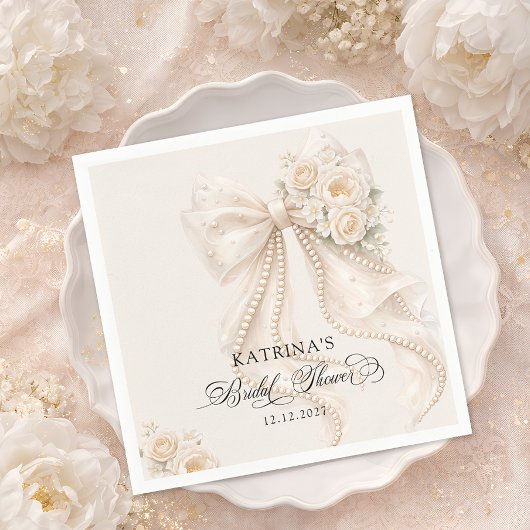 Elegant Bow and Pearl Pastel Bridal Shower スタンダードカクテルナプキン
