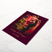 Elegant Bow Arch Burgundy Christmas Photo Gold 箔シーズンカード (回転した状態)