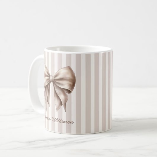 Elegant Bow Beige Stripes Name Mug コーヒーマグカップ (正面左)