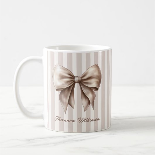 Elegant Bow Beige Stripes Name Mug コーヒーマグカップ (左)