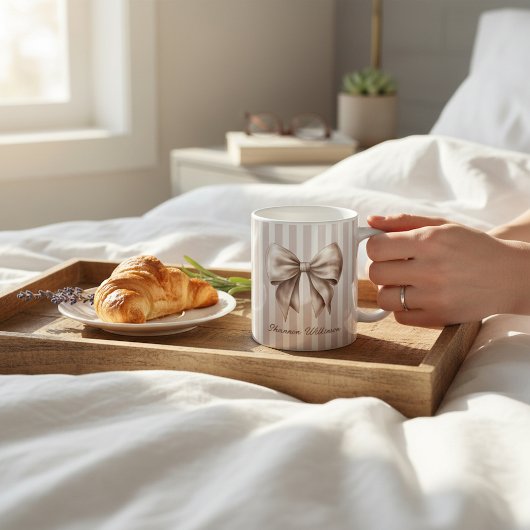 Elegant Bow Beige Stripes Name Mug コーヒーマグカップ