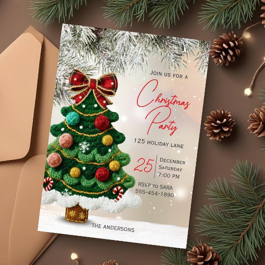 Elegant bow christmas tree party  招待状