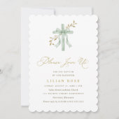 Elegant Bow Cross Sage Watercolor Greenery Baptism 招待状 (正面)