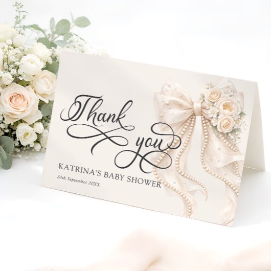 Elegant Bow Floral Baby Shower Thank You Card サンキューカード