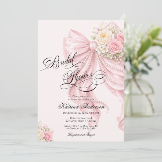 Elegant Bow Floral Blush Pink Bridal Shower 招待状 (スタンド正面)