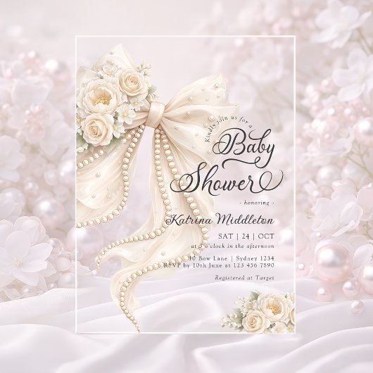 Elegant Bow Floral Boho Girl Baby Shower アクリル招待状