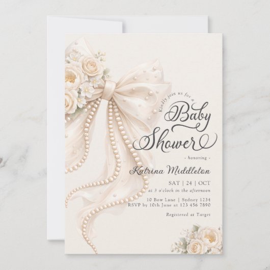 Elegant Bow Floral Boho Girl Baby Shower  招待状 (正面)