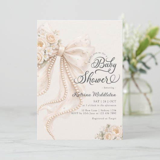 Elegant Bow Floral Boho Girl Baby Shower  招待状 (スタンド正面)