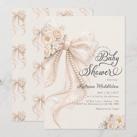 Elegant Bow Floral Boho Girl Baby Shower  招待状 (正面/裏面)