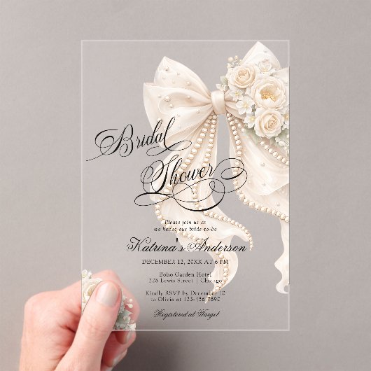 Elegant Bow Floral Bridal Shower  アクリル招待状 (インサイチュ (ポータブル))