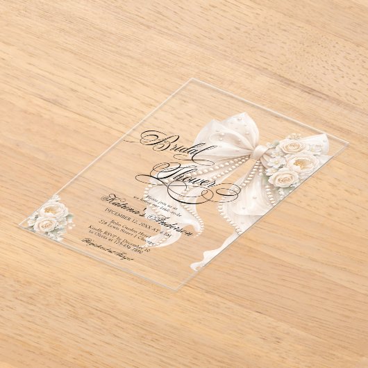 Elegant Bow Floral Bridal Shower  アクリル招待状 (レイダウン)