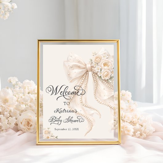 Elegant Bow Floral Girl Baby Shower Welcome ポスター