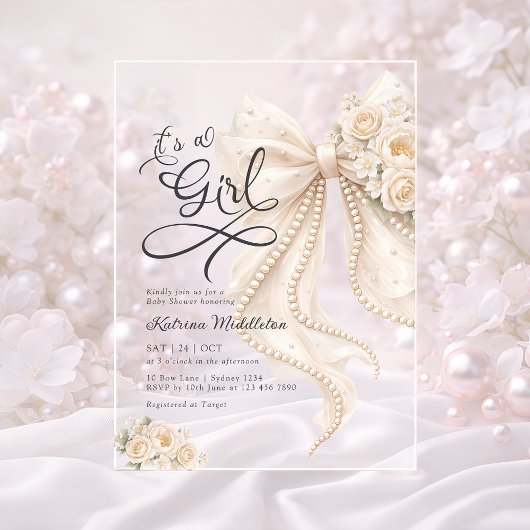 Elegant Bow Floral It's a Girl Baby Shower アクリル招待状