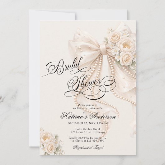 Elegant Bow Floral Neutral Bridal Shower 招待状 (正面)