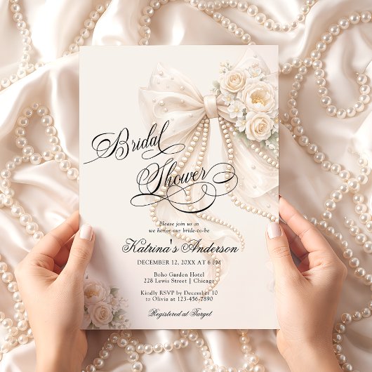 Elegant Bow Floral Neutral Bridal Shower  招待状