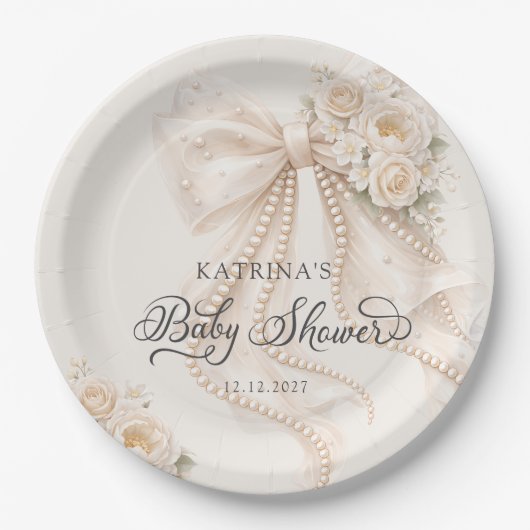 Elegant Bow Flowers Baby Shower ペーパープレート (正面)