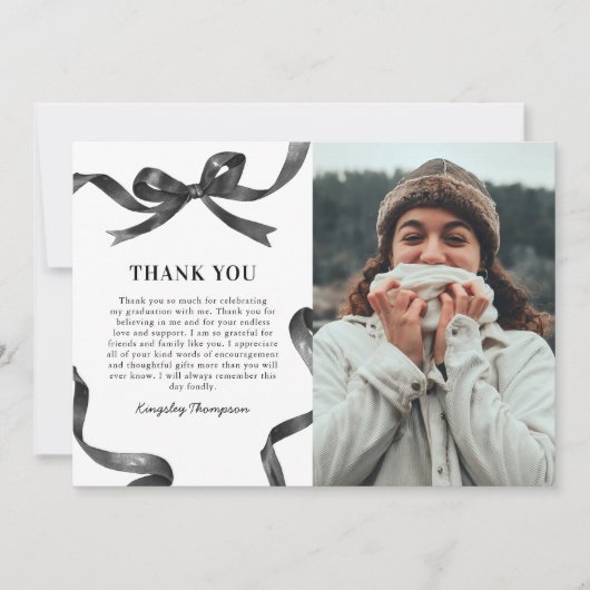 Elegant Bow Graduation Photo サンキューカード (正面)