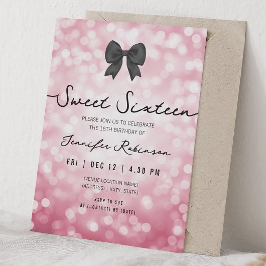 Elegant Bow & Lights Sweet Sixteen Hot Pink  招待状