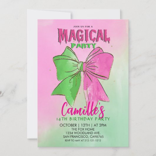 Elegant Bow magical Girl Birthday party 招待状 (正面)