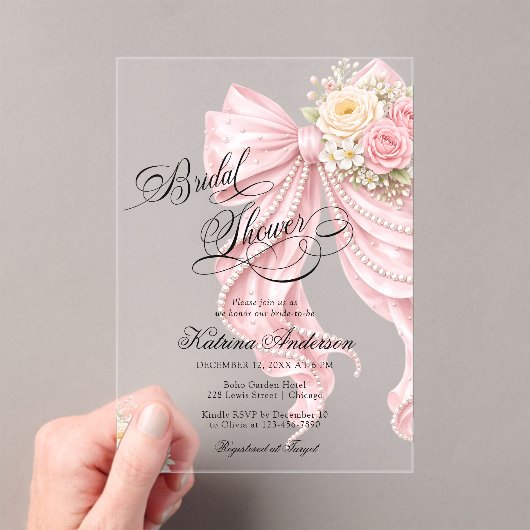 Elegant Bow Pink Floral Bridal Shower  アクリル招待状 (インサイチュ (ポータブル))