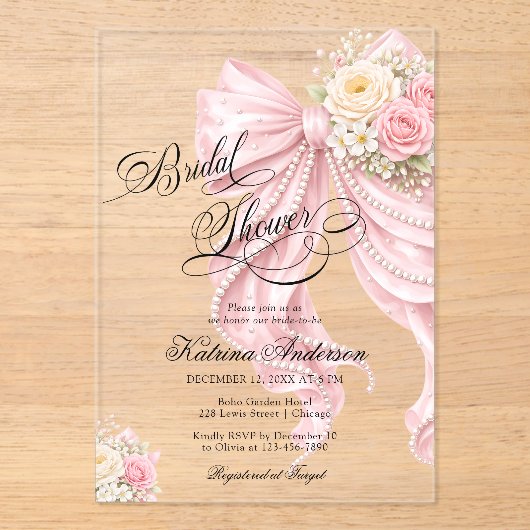 Elegant Bow Pink Floral Bridal Shower  アクリル招待状 (正面)