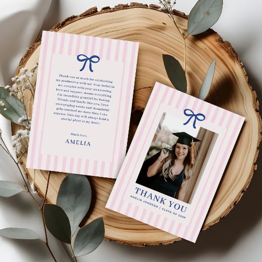 Elegant Bow Pink Striped Photo Graduation サンキューカード